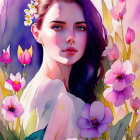 Woman with Floral Crown Surrounded by Purple Flowers on Watercolor Background