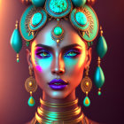 Ornate Turquoise and Gold Headwear on Woman in Digital Portrait