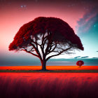 Surreal landscape with large tree, starry sky, red glow, smaller tree, and fence