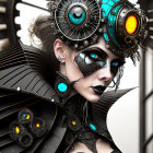 Steampunk-inspired female figure with glowing blue and orange elements