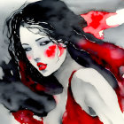 Illustration of Woman with Red and Black Watercolor Hair in Abstract Background