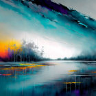 Vibrant digital landscape with orange and blue hues, reflective lake, abstract sky