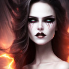 Digital portrait of woman with green eyes, wavy hair, and eye makeup on fiery backdrop