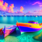 Colorful boat moored at dock under pink and orange sky