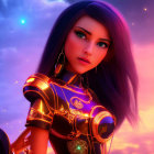 Digital artwork of female character in futuristic armor with cosmic backdrop