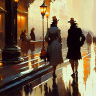 City Street Scene: Elegant Figures in Hats and Coats at Dusk