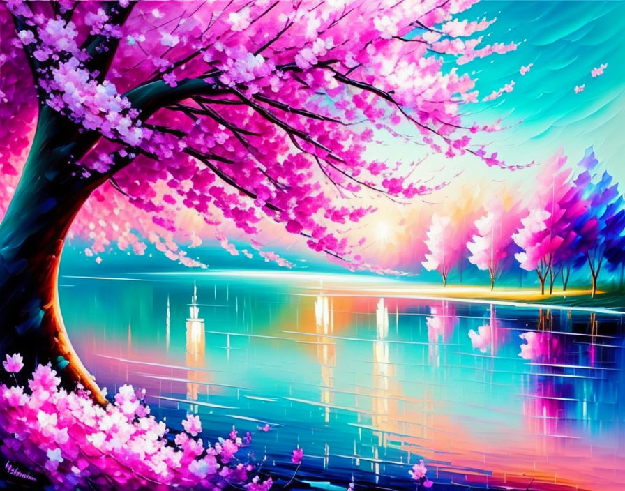 Colorful Painting: Pink Cherry Tree by Tranquil Lake at Sunset