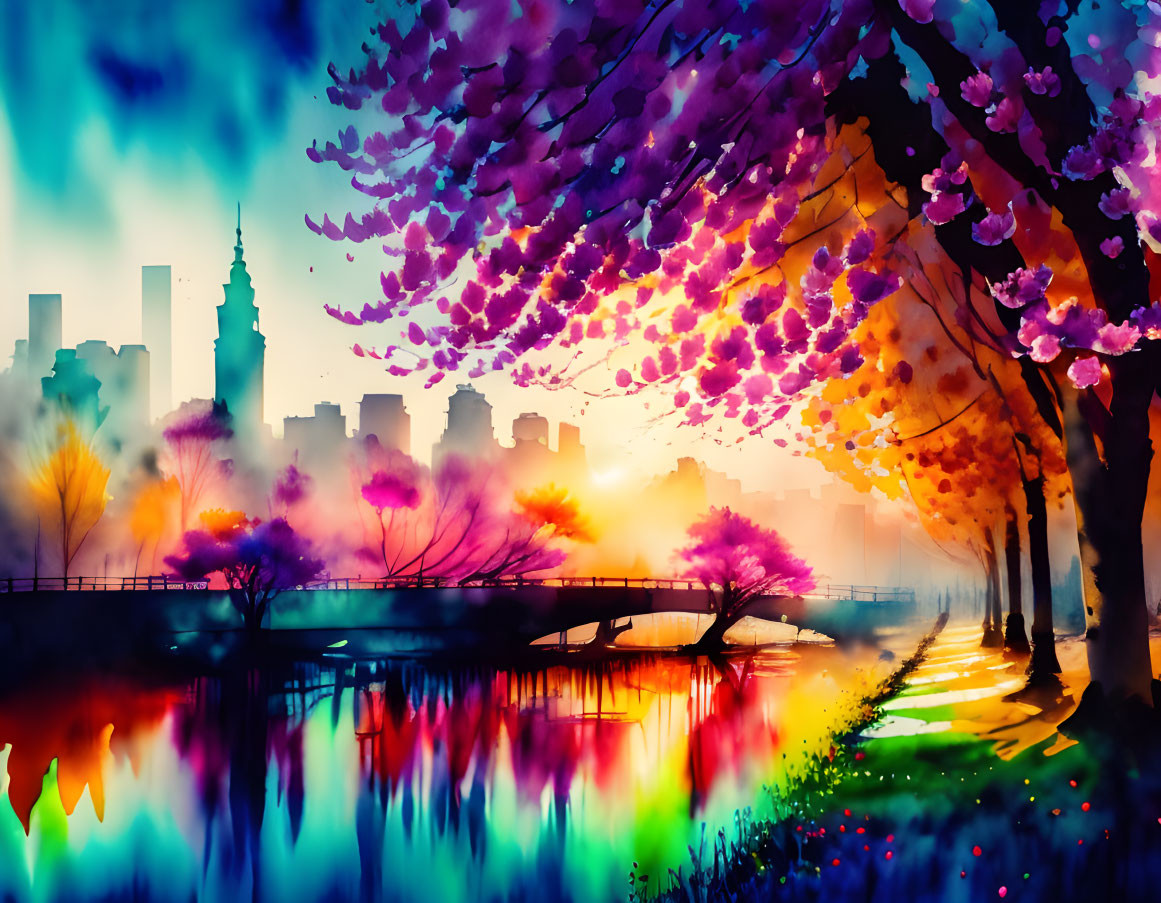 Cityscape sunset artwork with silhouetted buildings, cherry trees, river, warm & cool hues