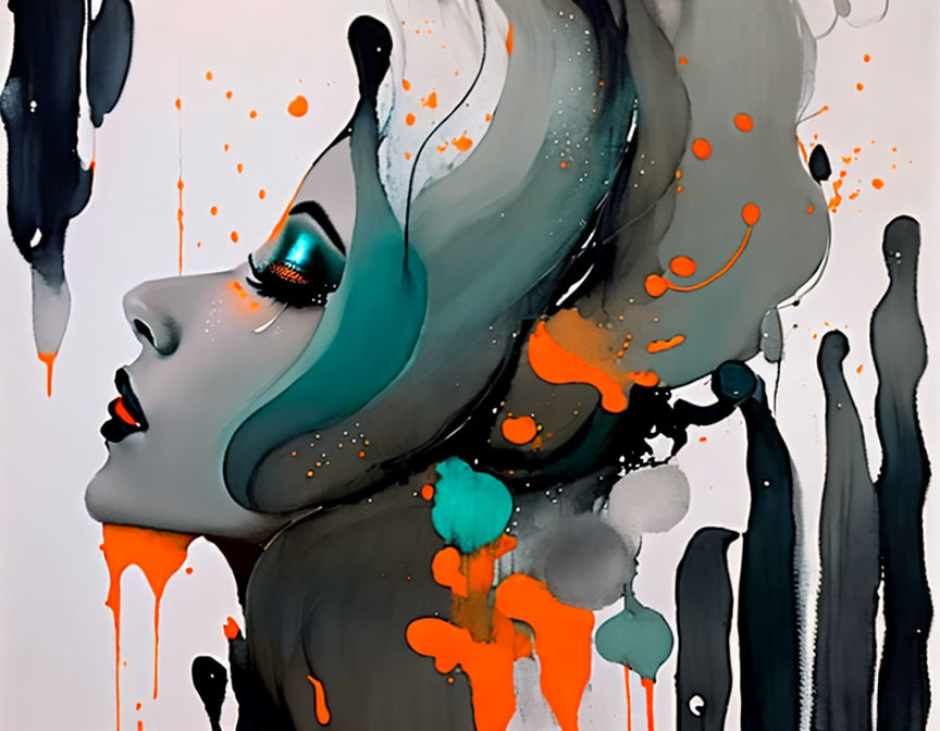 Abstract female figure portrait with black, gray, and orange splashes