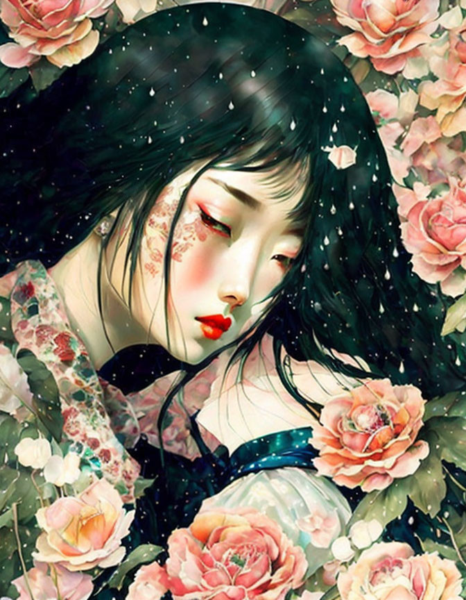 Woman with Black Hair and Red Lips Surrounded by Blooming Roses and Snowflakes