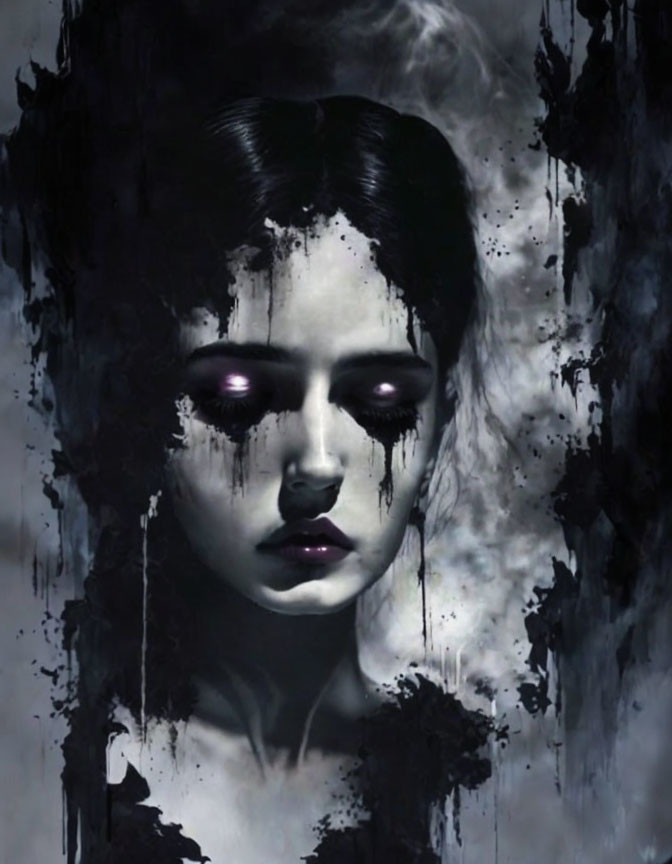 Eerie portrait of woman with purple eyes in dark setting