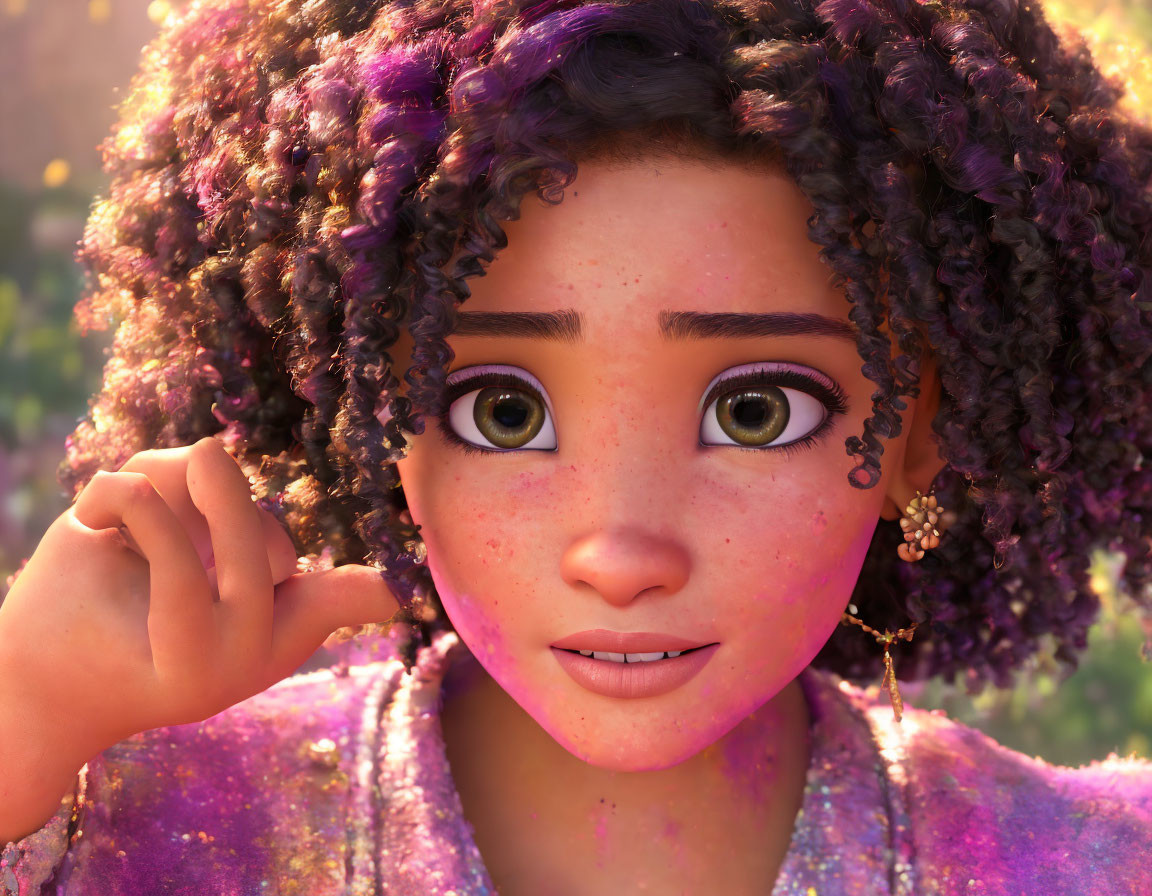 Close-Up of Animated Girl with Curly Hair in Sunlit Setting