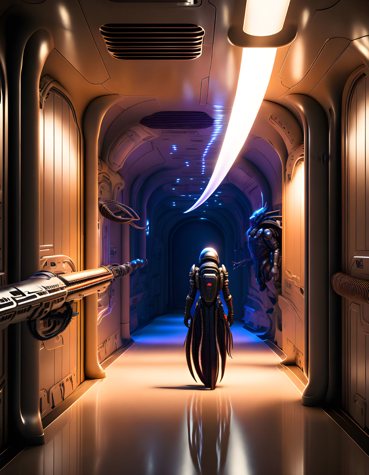 Spacesuit-clad figure in futuristic spaceship corridor with orange and blue lights