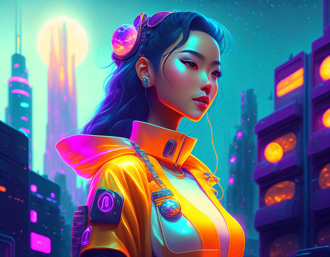 Digital artwork: Woman in futuristic attire against neon-lit cyberpunk cityscape