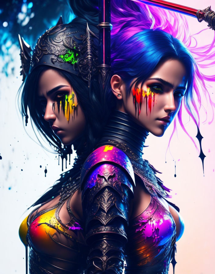 Stylized female warriors in vibrant armor with neon paint