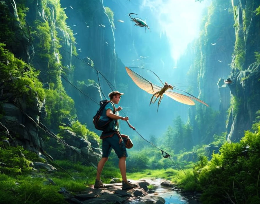 Hiker observing giant dragonfly in lush green canyon