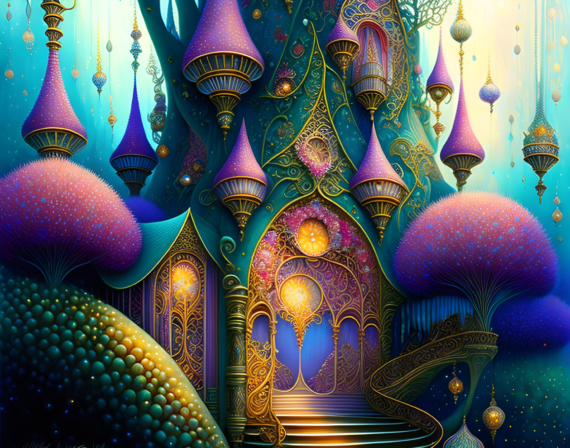 Fantasy palace with glowing trees, ornate towers, grand staircase, and starry backdrop.