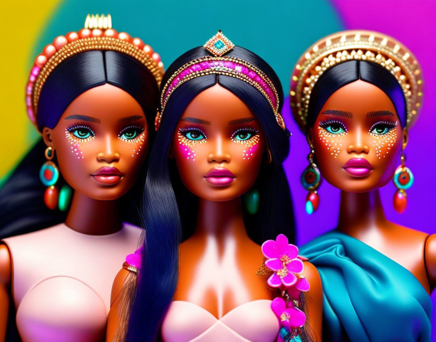 Colorful dolls with elaborate makeup and headpieces on a vibrant background.