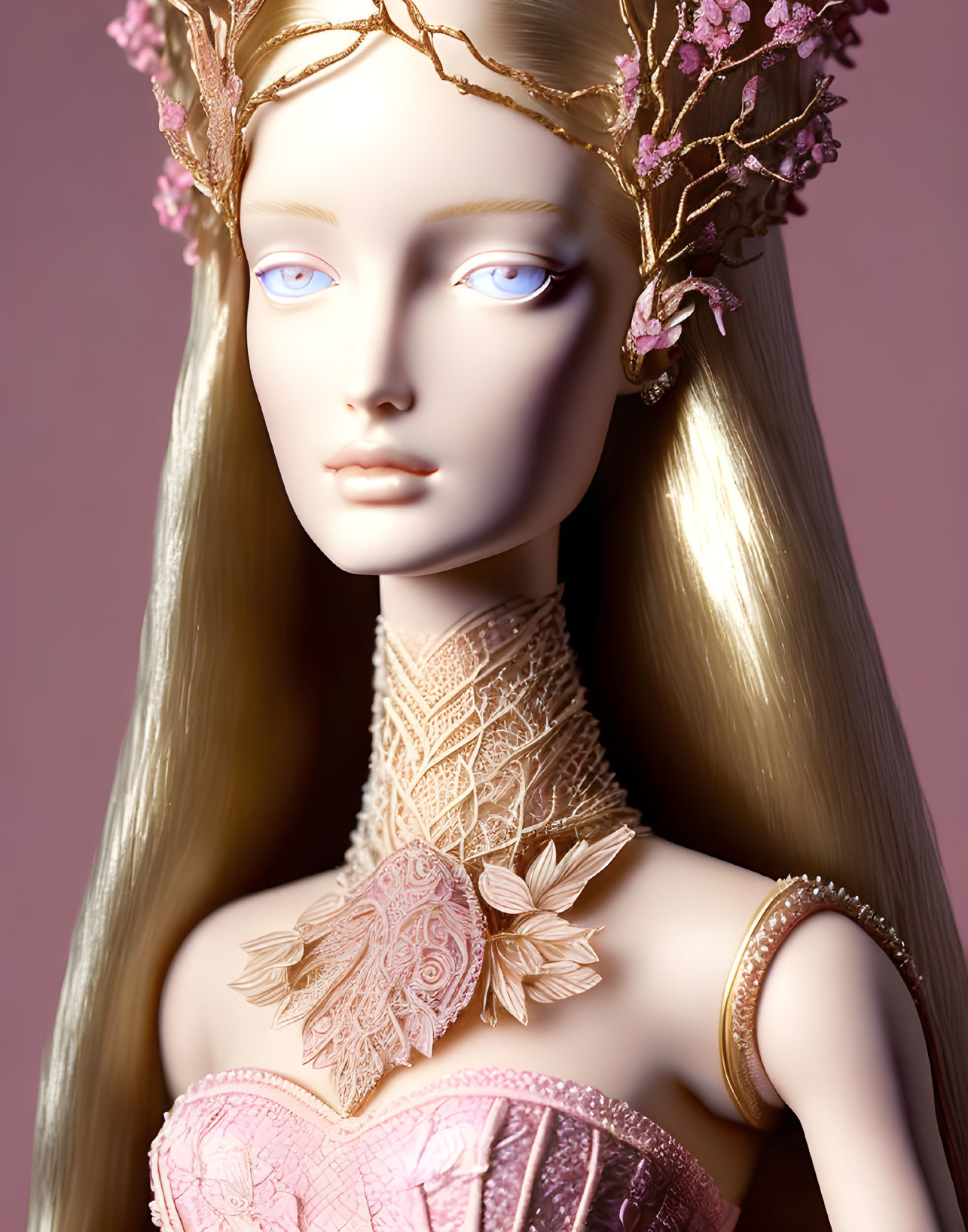 Blonde-haired doll with violet eyes and leafy headpiece in pink dress