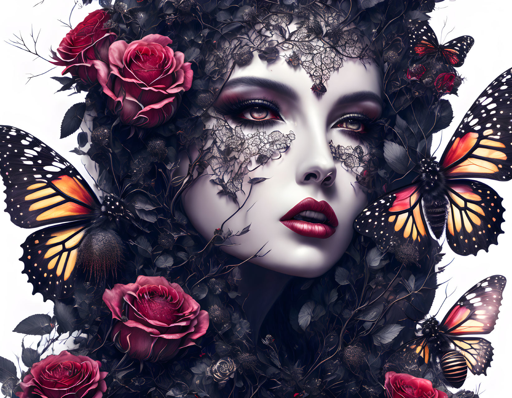 Fantastical portrait of woman with dark, flora-inspired makeup and butterflies.