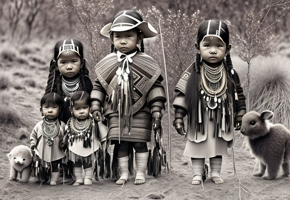 Five children in indigenous clothing with two small animals in natural setting