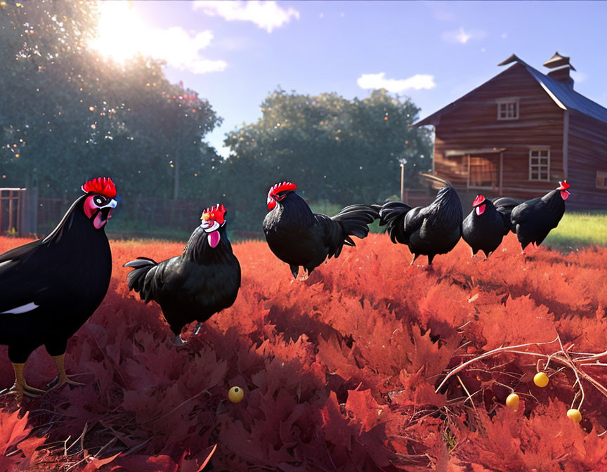 Vibrant farm scene with animated chickens, red foliage, wooden house, fallen apples.