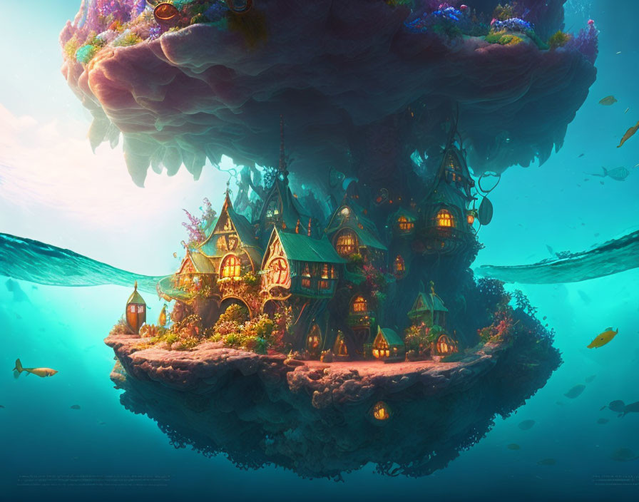 Underwater village with fairy-tale houses on floating island surrounded by marine life