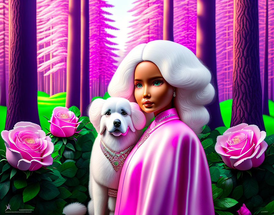 Illustration of woman with white hair, pink dress, white dog, pink roses, purple trees