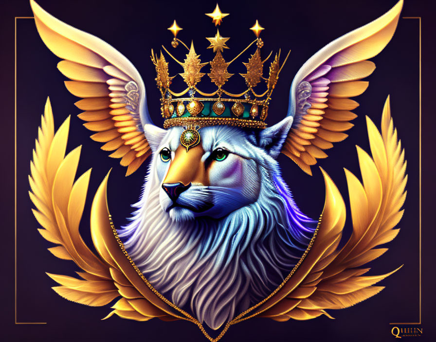 Winged lion with crown and stars on dark background