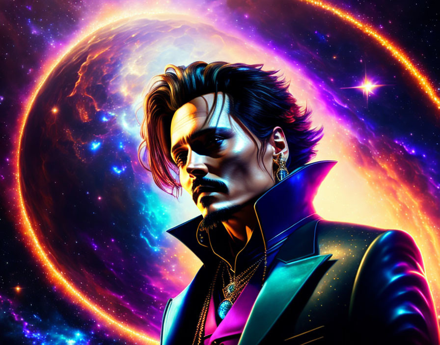 Man with styled hair in suit against cosmic backdrop with planet.