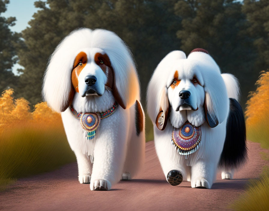 Cartoon dogs with tribal necklaces in golden foliage landscape