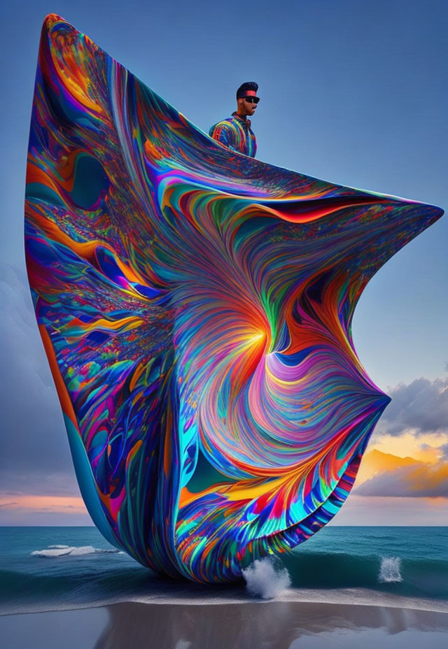 Colorful Abstract Structure on Beach at Sunset Sky