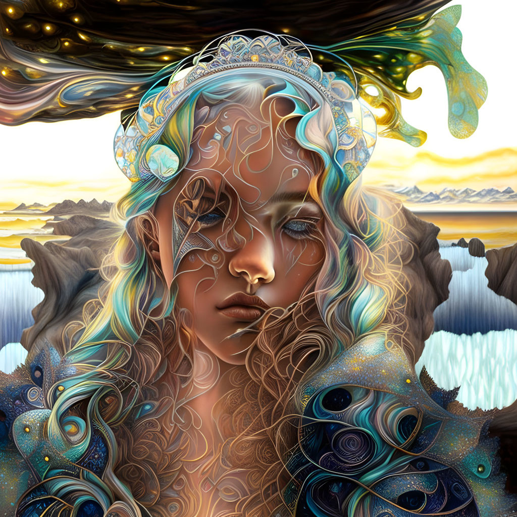 Fantastical digital illustration of woman with peacock feather motifs in surreal landscape