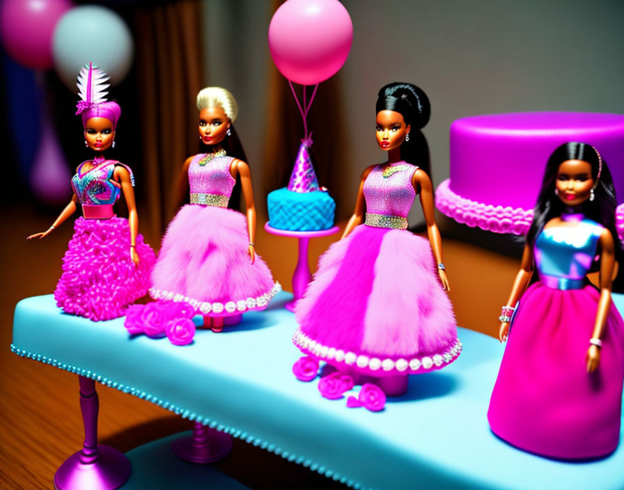 Four dolls in pink-themed outfits near cake & balloons for celebration setup