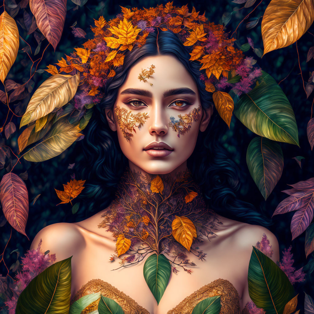 Digital Artwork: Woman with Autumn Leaves and Floral Adornments