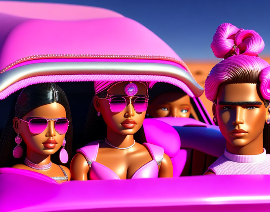 Four stylized 3D-animated characters with pink hair and futuristic outfits pose by a pink car