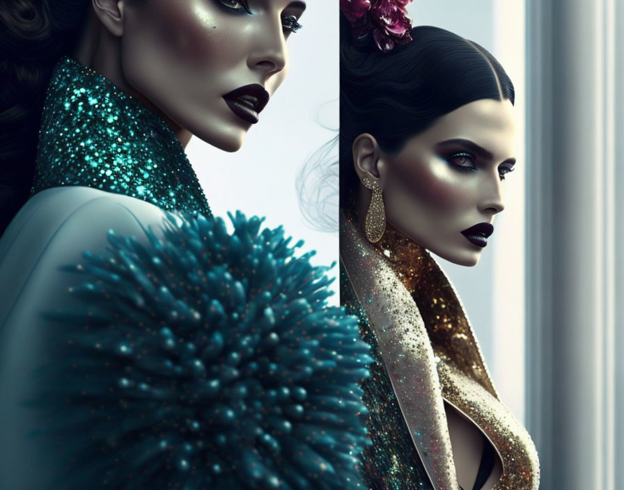 Two women in glittery outfits with striking makeup by a window