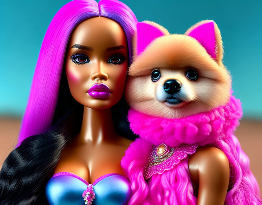 Pink-haired doll and Pomeranian dog in matching outfits on blue background