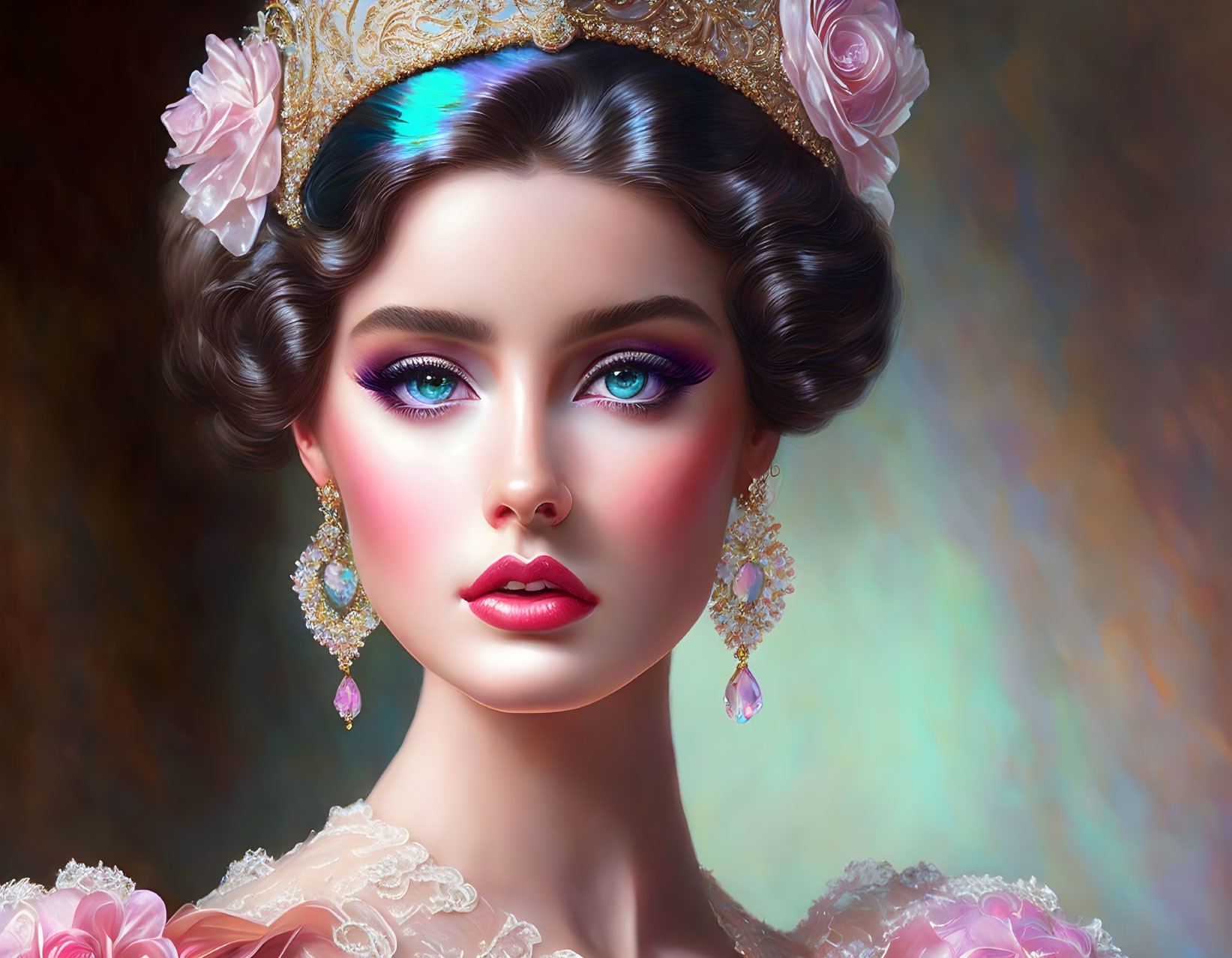 Woman with intricate makeup, rosy cheeks, and blue eyes in floral crown and vintage earrings