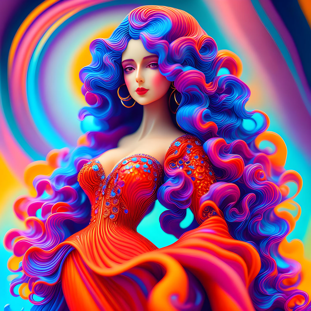 Colorful digital artwork: Woman with blue hair and ornate orange dress on swirling background