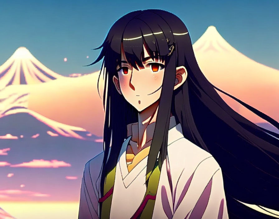 Long-haired animated girl in school uniform smiles against sunset and mountain backdrop.