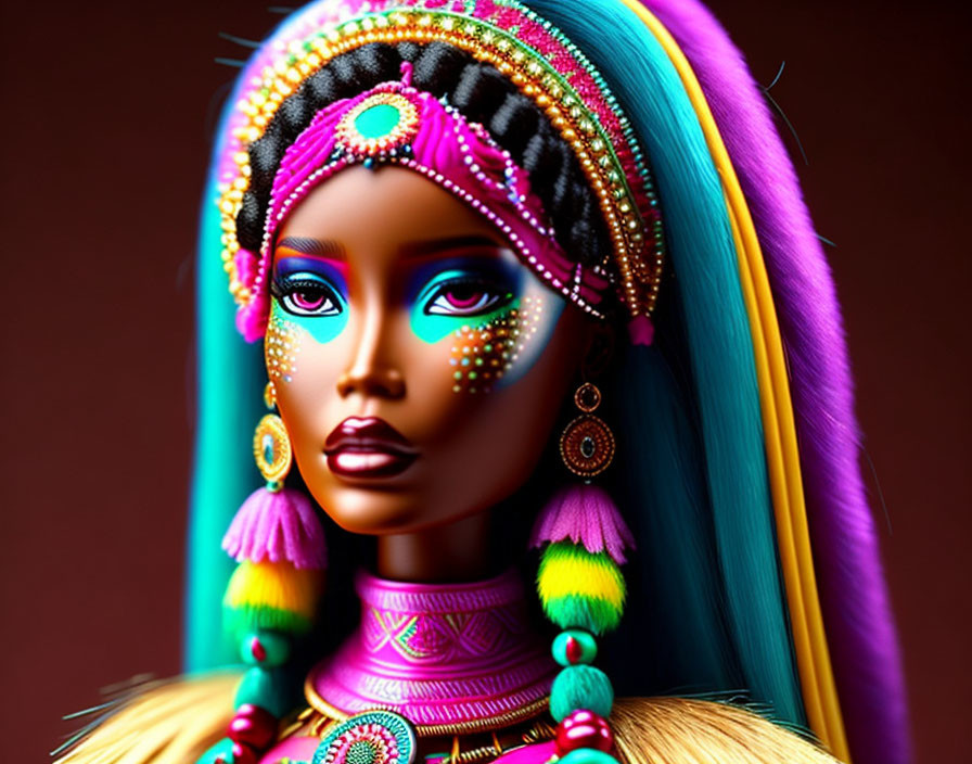 Vibrant digital artwork: Woman with blue and pink hair, beaded headgear, and intricate