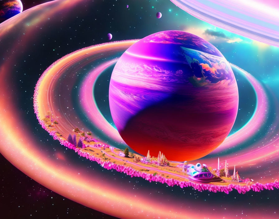 Alien planet with purple hues and ring structures