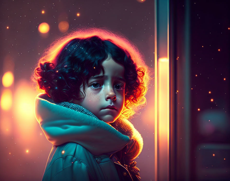 Curly-Haired Child Gazing in Warm Glow at Night