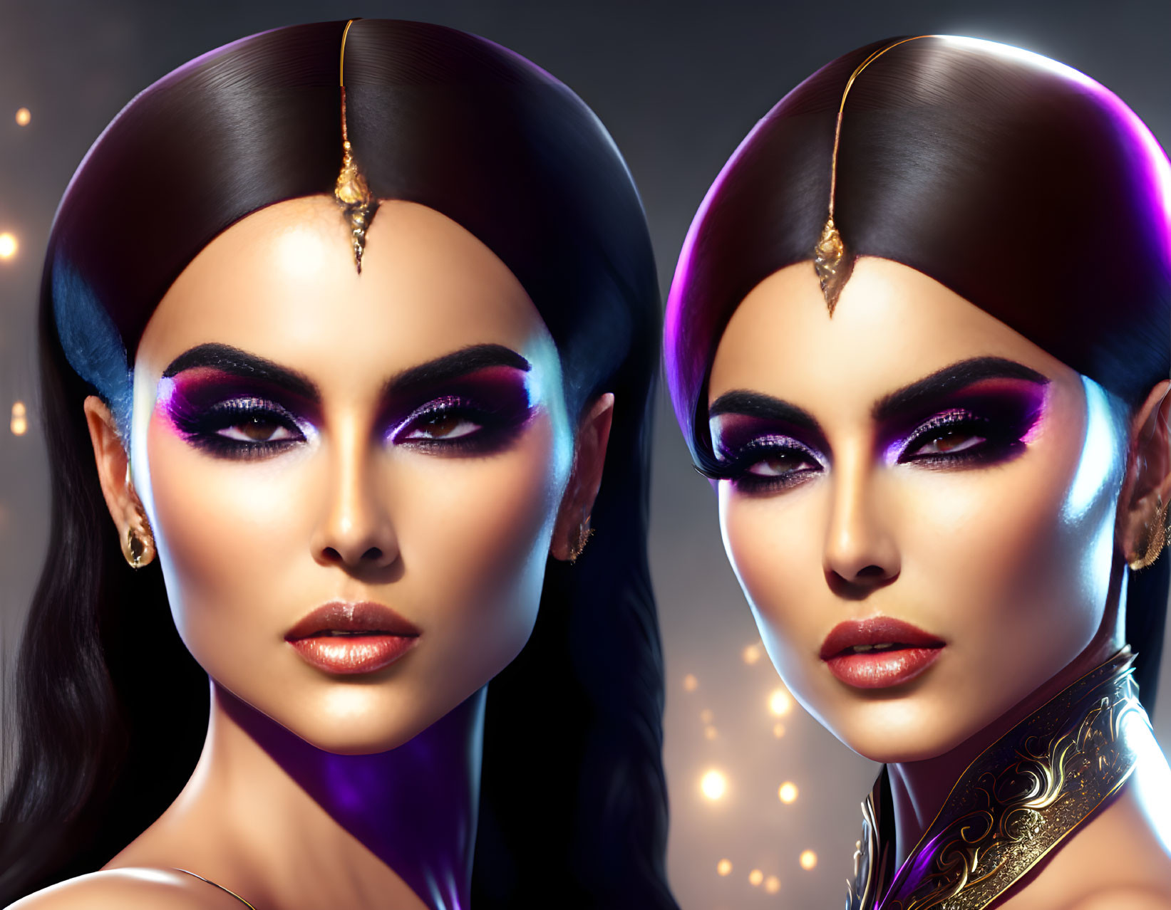 Symmetrical portrait of two women with dramatic makeup and elegant head jewelry on starry backdrop