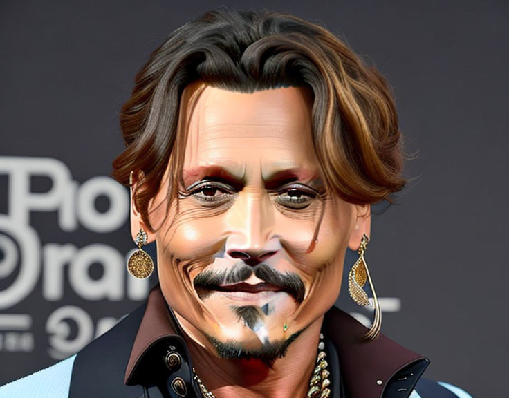 Digitally altered male portrait with cheekbones, mustache, goatee, earrings, dark jacket,