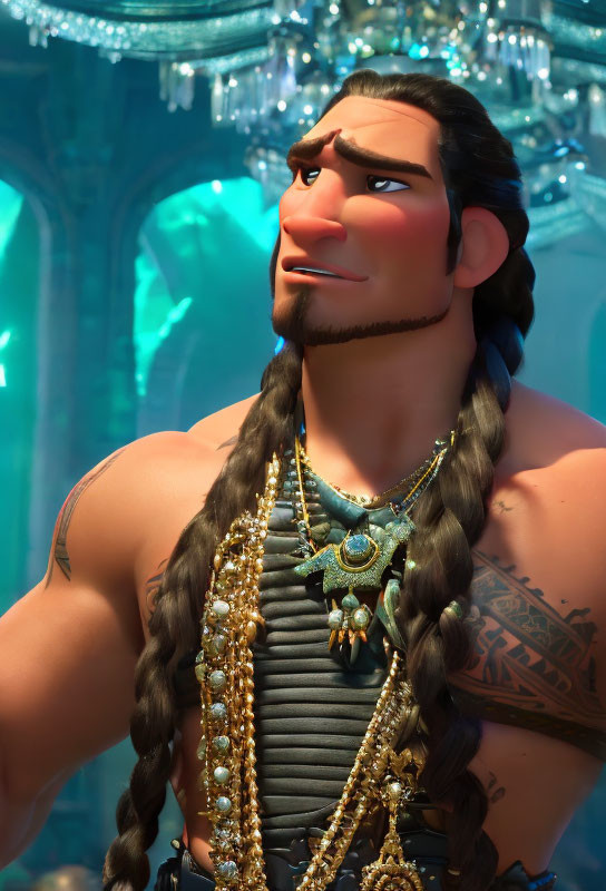 Animated character with long dark hair and tribal tattoos in ornate blue room