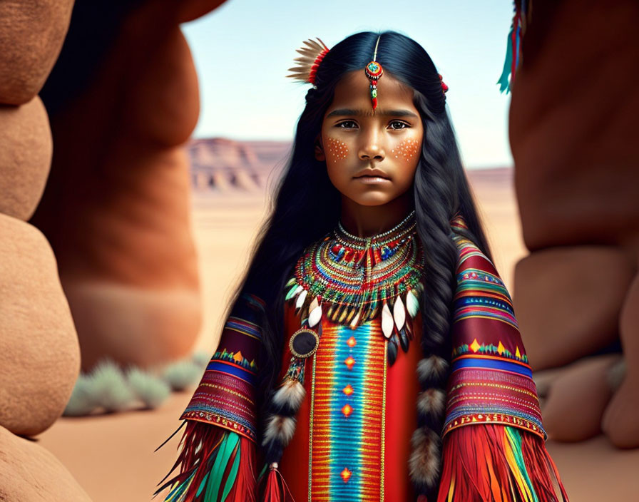 Young girl in Native American attire amidst desert landscape with rocks.