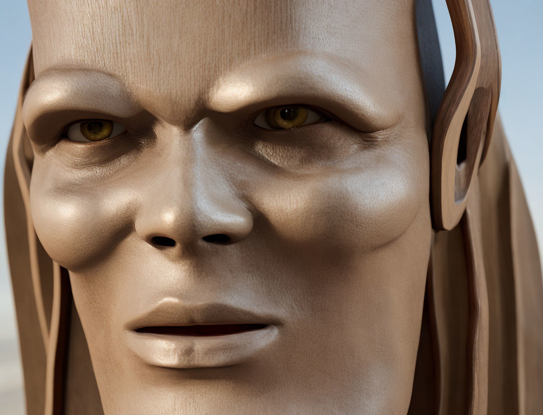 Detailed humanoid robot with wooden texture finish and yellow eyes