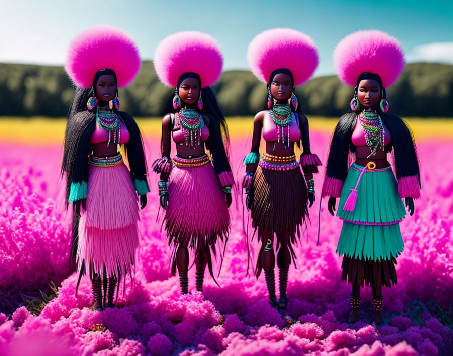 African tribal dolls in pink attire amid pink flowers under clear sky